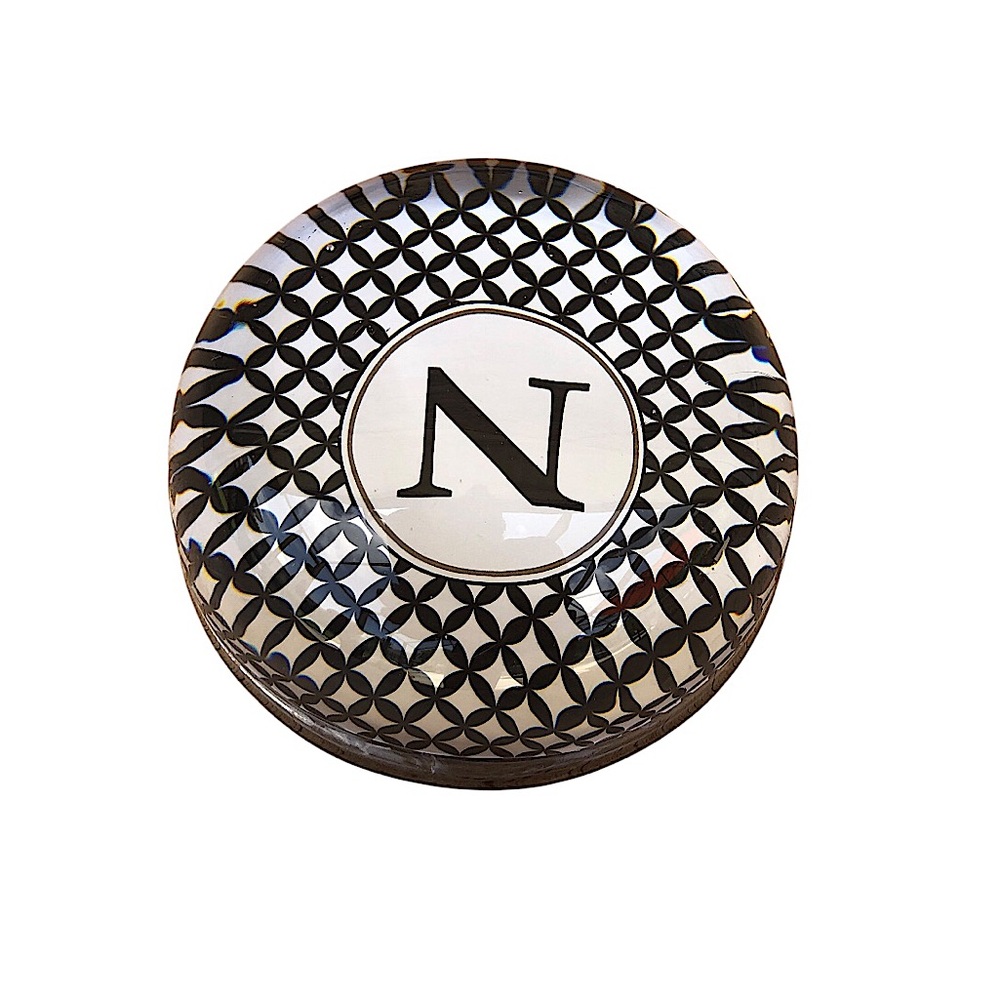 Two's Company Round Glass Initial N Paper‎ Weight Black Graphic White Background